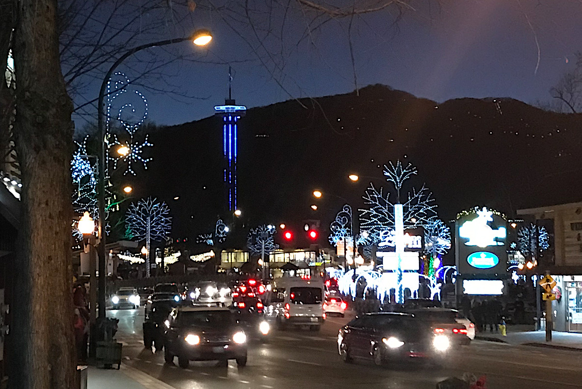 view looking up the main street in gatlinburg at night during January